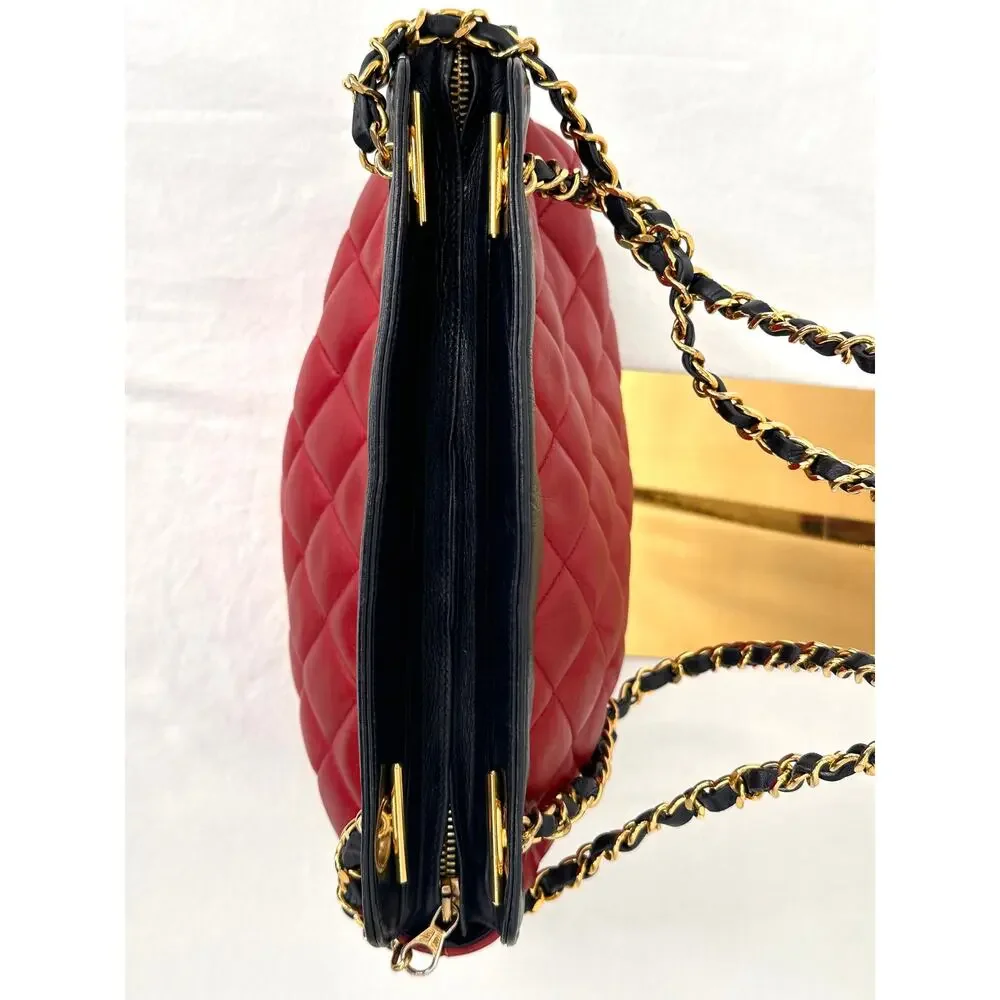 Vintage Chanel Bicolor Red Navy Quilted Lambskin Shoulder Bag Gold CC Charm